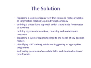 The SolutionProposing a single company view that links and makes available all information relating to an individual companydefining a closed-loop approach which tracks leads from outset to outcomedefining rigorous data capture, cleansing and maintenance processesproposing a suite of reports tailored to the needs of key decision-makers identifying staff training needs and suggesting an appropriate programmeaddressing questions of core data fields and standardisation of data formats