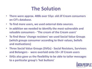 The SolutionThere were approx. 400k over 55yr. old Jif Cream consumers on Cif’s database. To find more users, we used external data sources.In addition we needed to identify the most vulnerable and valuable consumers - ‘The cream of the Cream users’To find these 'change resistors' we used Social Value Groups (which groups consumer according to their values, beliefs and motivations)Three Social Value Groups (SVGs) - Social Resistors, Survivors and Belongers -  were overlaid onto 55+ Jif Cream usersSVGs also gave us the flexibility to be able to tailor messages to a particular group's 'hot buttons'