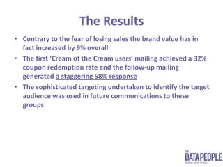 The ResultsContrary to the fear of losing sales the brand value has in fact increased by 9% overall The first ‘Cream of the Cream users’ mailing achieved a 32% coupon redemption rate and the follow-up mailing generated a staggering 58% responseThe sophisticated targeting undertaken to identify the target audience was used in future communications to these groups