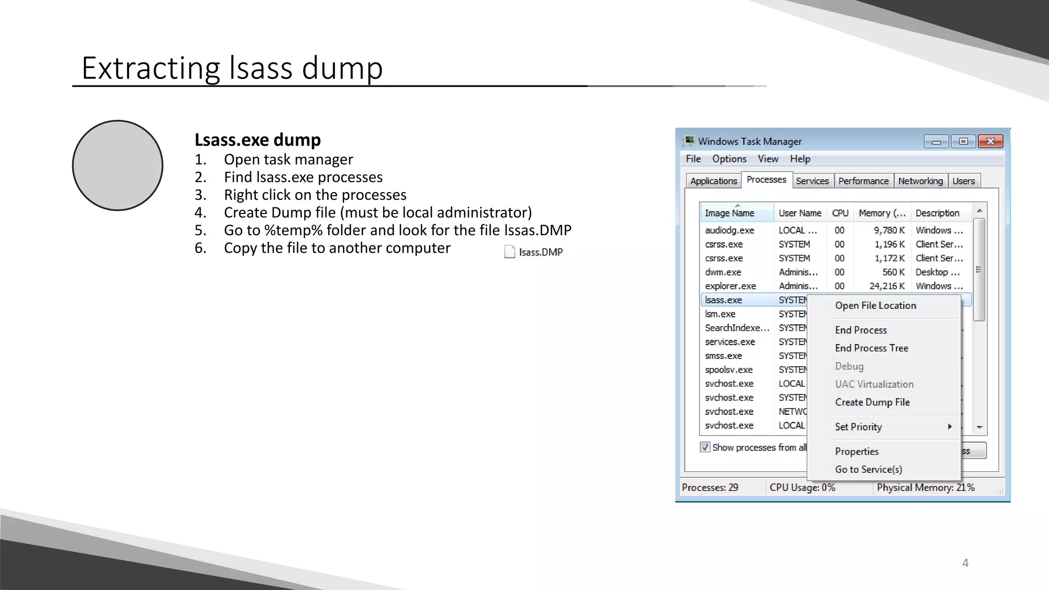 4
Extracting lsass dump
Lsass.exe dump
1. Open task manager
2. Find lsass.exe processes
3. Right click on the processes
4. Create Dump file (must be local administrator)
5. Go to %temp% folder and look for the file lssas.DMP
6. Copy the file to another computer
 