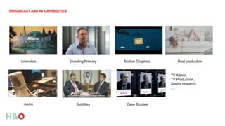 Post production
BROADCAST AND AV CAPABILITIES
Animatics
Audio Subtitles
Shooting/Primary
Case Studies
Motion Graphics
TV Admin,
TV Production,
Sound research,
….
 