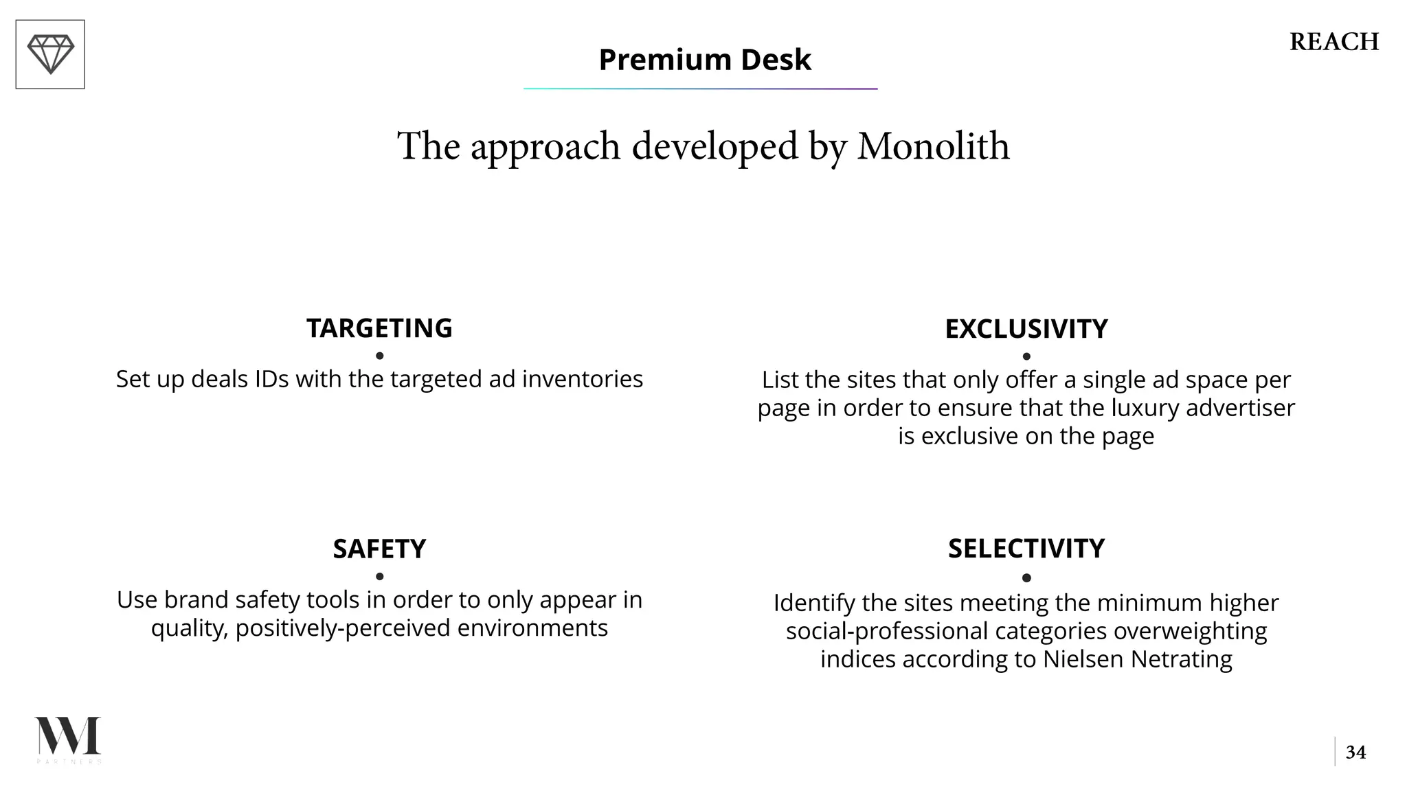 TARGETING
●
Set up deals IDs with the targeted ad inventories
SAFETY
●
Use brand safety tools in order to only appear in
quality, positively-perceived environments
SELECTIVITY
●
Identify the sites meeting the minimum higher
social-professional categories overweighting
indices according to Nielsen Netrating
EXCLUSIVITY
●
List the sites that only offer a single ad space per
page in order to ensure that the luxury advertiser
is exclusive on the page
Premium Desk
 