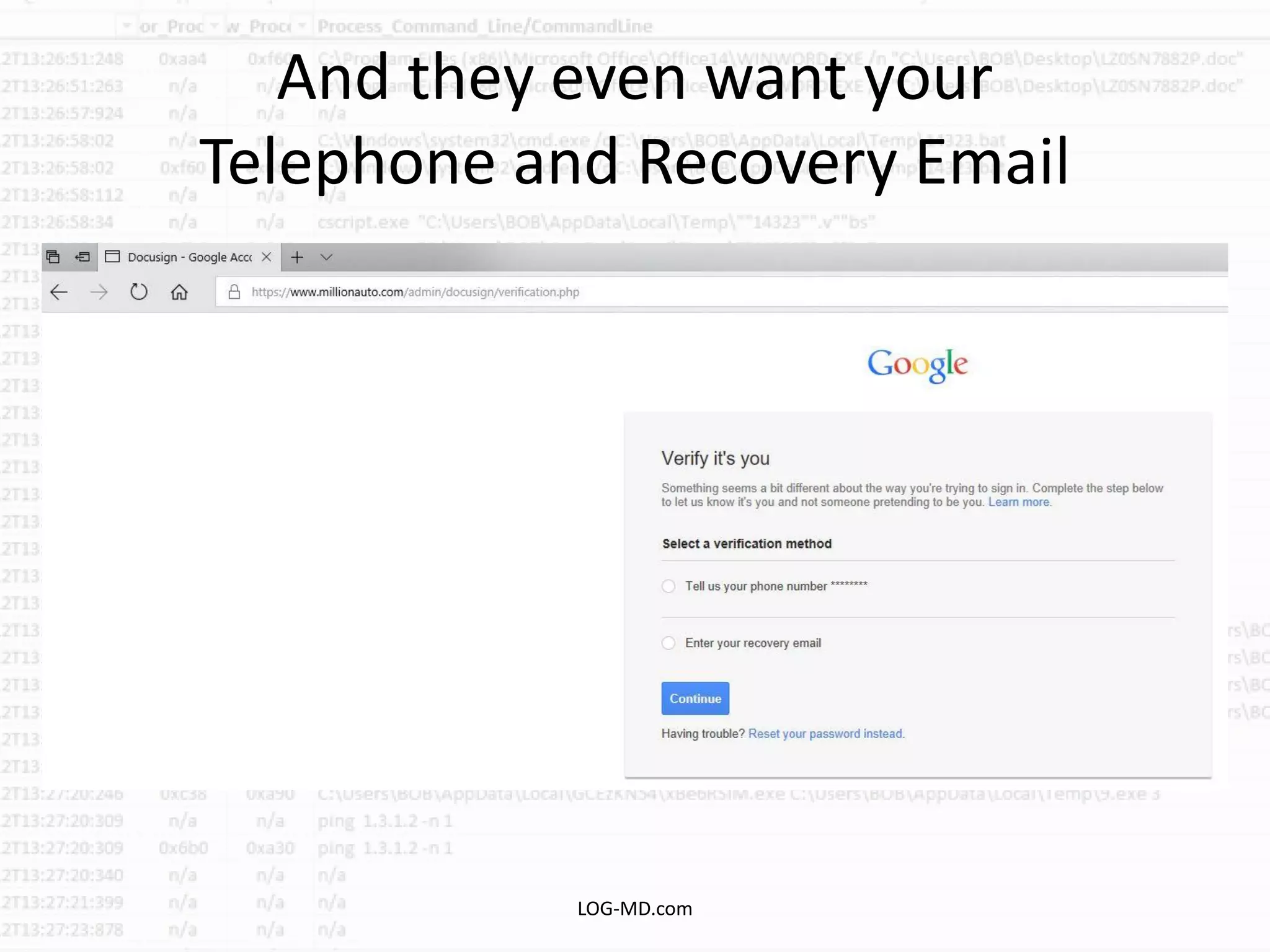 And they even want your
Telephone and Recovery Email
LOG-MD.com
 