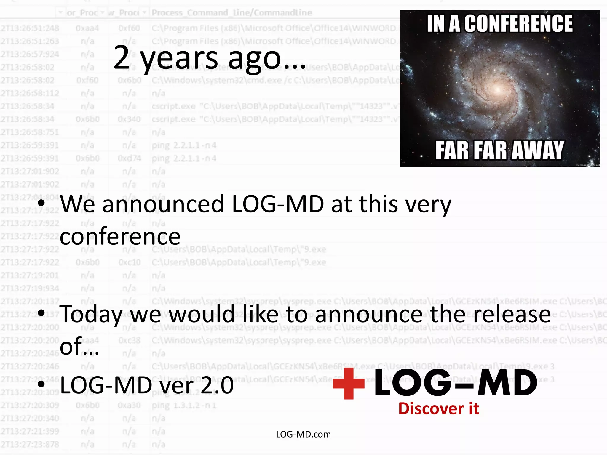 2 years ago…
• We announced LOG-MD at this very
conference
• Today we would like to announce the release
of…
• LOG-MD ver 2.0
LOG-MD.com
 