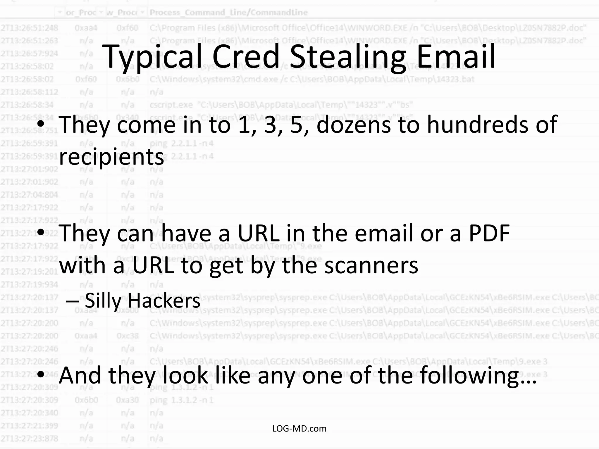 Typical Cred Stealing Email
• They come in to 1, 3, 5, dozens to hundreds of
recipients
• They can have a URL in the email or a PDF
with a URL to get by the scanners
– Silly Hackers
• And they look like any one of the following…
LOG-MD.com
 