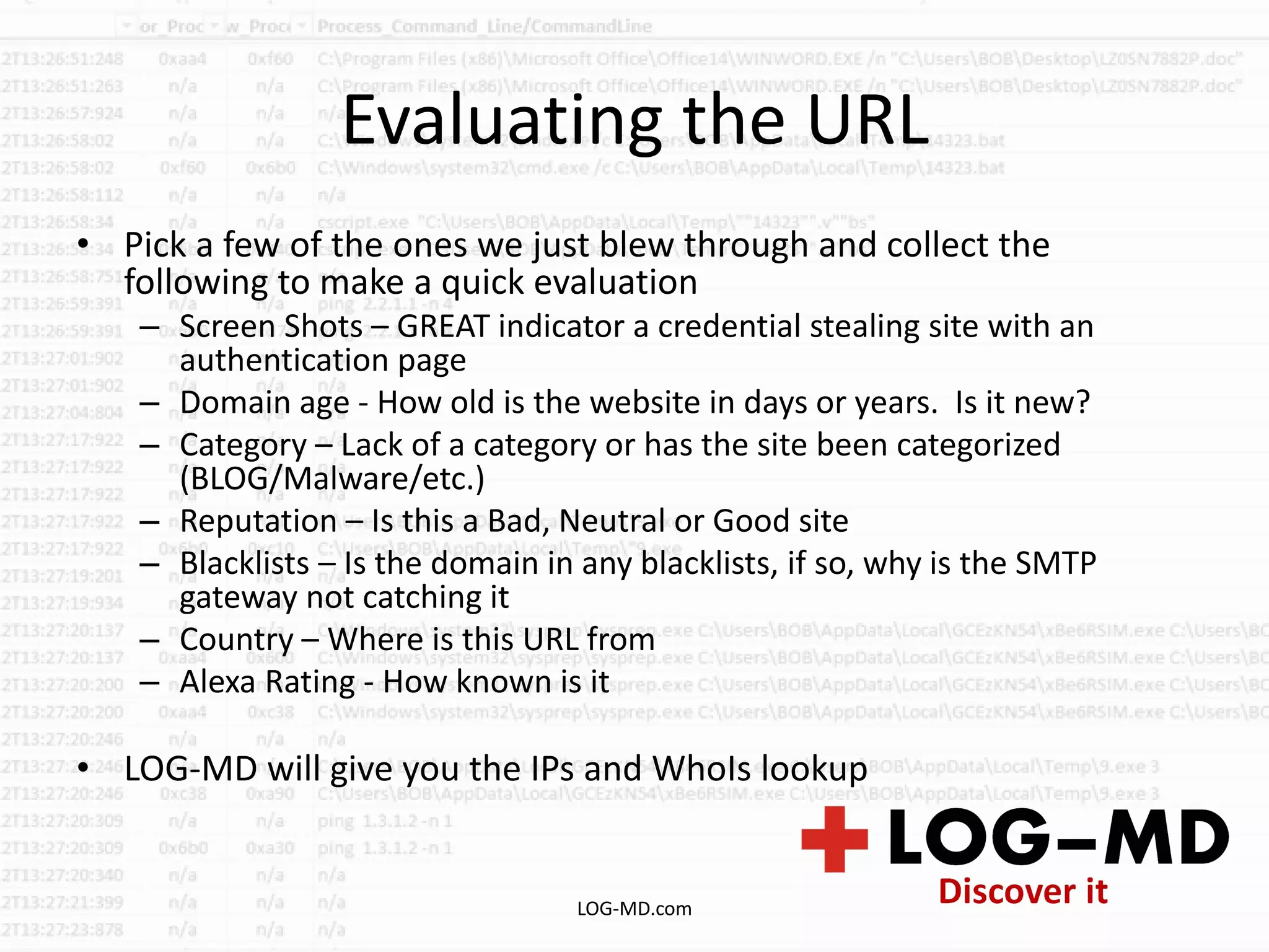 Evaluating the URL
• Pick a few of the ones we just blew through and collect the
following to make a quick evaluation
– Screen Shots – GREAT indicator a credential stealing site with an
authentication page
– Domain age - How old is the website in days or years. Is it new?
– Category – Lack of a category or has the site been categorized
(BLOG/Malware/etc.)
– Reputation – Is this a Bad, Neutral or Good site
– Blacklists – Is the domain in any blacklists, if so, why is the SMTP
gateway not catching it
– Country – Where is this URL from
– Alexa Rating - How known is it
• LOG-MD will give you the IPs and WhoIs lookup
LOG-MD.com
 