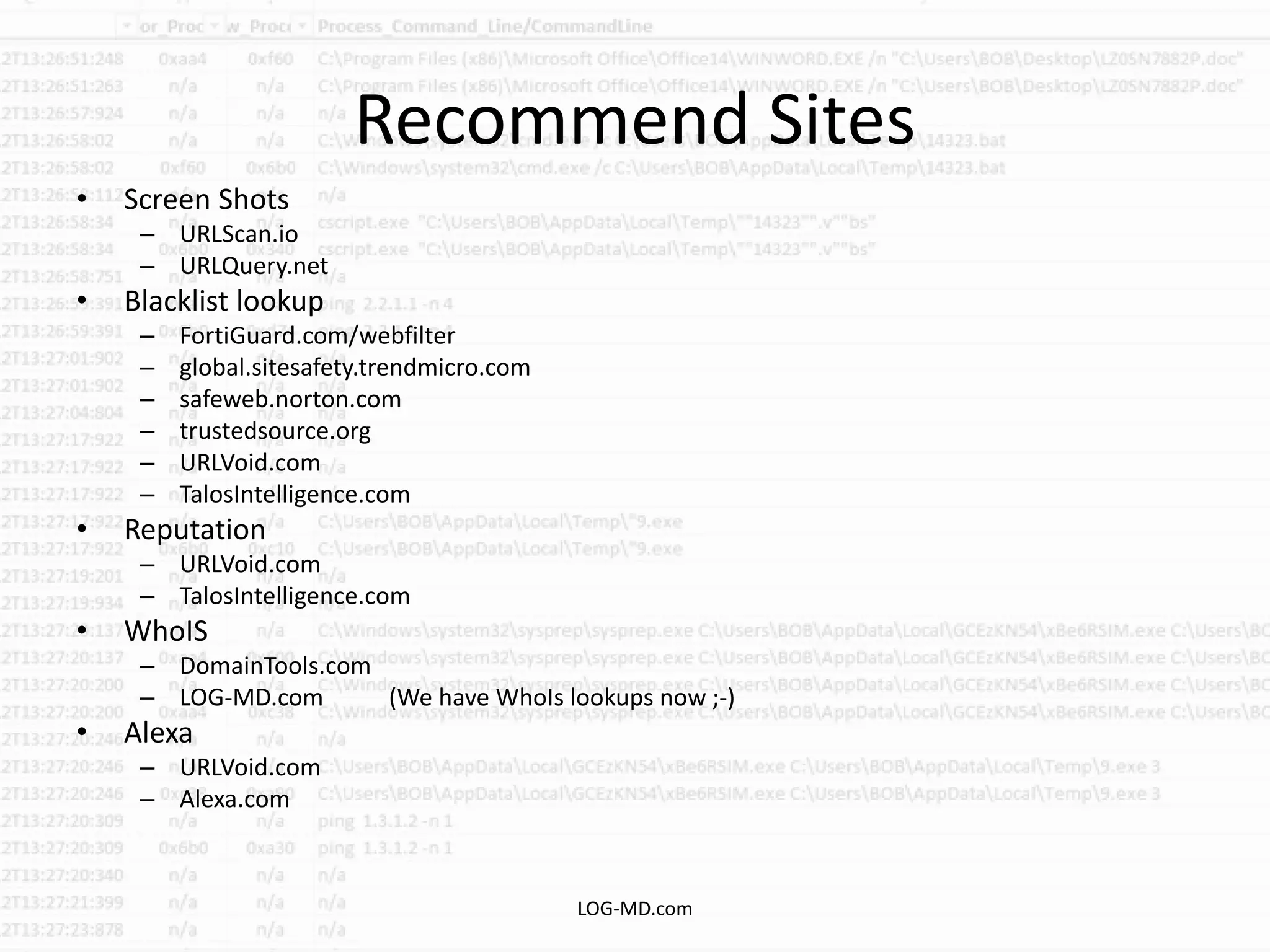 Recommend Sites
• Screen Shots
– URLScan.io
– URLQuery.net
• Blacklist lookup
– FortiGuard.com/webfilter
– global.sitesafety.trendmicro.com
– safeweb.norton.com
– trustedsource.org
– URLVoid.com
– TalosIntelligence.com
• Reputation
– URLVoid.com
– TalosIntelligence.com
• WhoIS
– DomainTools.com
– LOG-MD.com (We have WhoIs lookups now ;-)
• Alexa
– URLVoid.com
– Alexa.com
LOG-MD.com
 