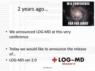2 years ago…
• We announced LOG-MD at this very
conference
• Today we would like to announce the release
of…
• LOG-MD ver 2.0
LOG-MD.com
 