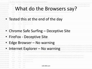 What do the Browsers say?
• Tested this at the end of the day
• Chrome Safe Surfing – Deceptive Site
• FireFox - Deceptive Site
• Edge Browser – No warning
• Internet Explorer – No warning
LOG-MD.com
 