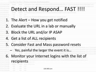 Detect and Respond… FAST !!!!
1. The Alert – How you get notified
2. Evaluate the URL in a lab or manually
3. Block the URL and/or IP ASAP
4. Get a list of ALL recipients
5. Consider Fast and Mass password resets
– Yes, painful the larger the event it is…
6. Monitor your Internet logins with the list of
recipients
LOG-MD.com
 