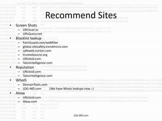 Recommend Sites
• Screen Shots
– URLScan.io
– URLQuery.net
• Blacklist lookup
– FortiGuard.com/webfilter
– global.sitesafety.trendmicro.com
– safeweb.norton.com
– trustedsource.org
– URLVoid.com
– TalosIntelligence.com
• Reputation
– URLVoid.com
– TalosIntelligence.com
• WhoIS
– DomainTools.com
– LOG-MD.com (We have WhoIs lookups now ;-)
• Alexa
– URLVoid.com
– Alexa.com
LOG-MD.com
 