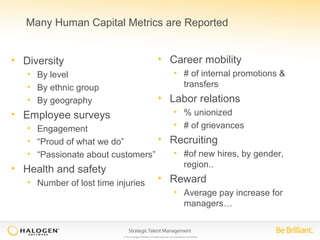 Many Human Capital Metrics are Reported 
© 2014 Halogen Software. All rights reserved. All contents are confidential. 
• Diversity 
• By level 
• By ethnic group 
• By geography 
• Employee surveys 
• Engagement 
• “Proud of what we do” 
• “Passionate about customers” 
• Health and safety 
• Number of lost time injuries 
• Career mobility 
• # of internal promotions & 
transfers 
• Labor relations 
• % unionized 
• # of grievances 
• Recruiting 
• #of new hires, by gender, 
region.. 
• Reward 
• Average pay increase for 
managers… 
 
