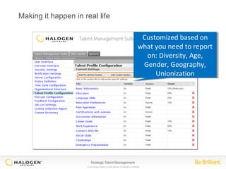 Making it happen in real life 
Customized based on 
what you need to report 
Customized based on 
what you need to report 
© 2014 Halogen Software. All rights reserved. All contents are confidential. 
on: Diversity, Age, 
Gender, Geography, 
on: Diversity, Age, 
Gender, Geography, 
Unionization 
Unionization 
 