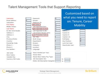 Talent Management Tools that Support Reporting 
© 2014 Halogen Software. All rights reserved. All contents are confidential. 
Customized based on 
what you need to report 
Customized based on 
what you need to report 
on: Tenure, Career 
on: Tenure, Career 
Mobility 
Mobility 
 