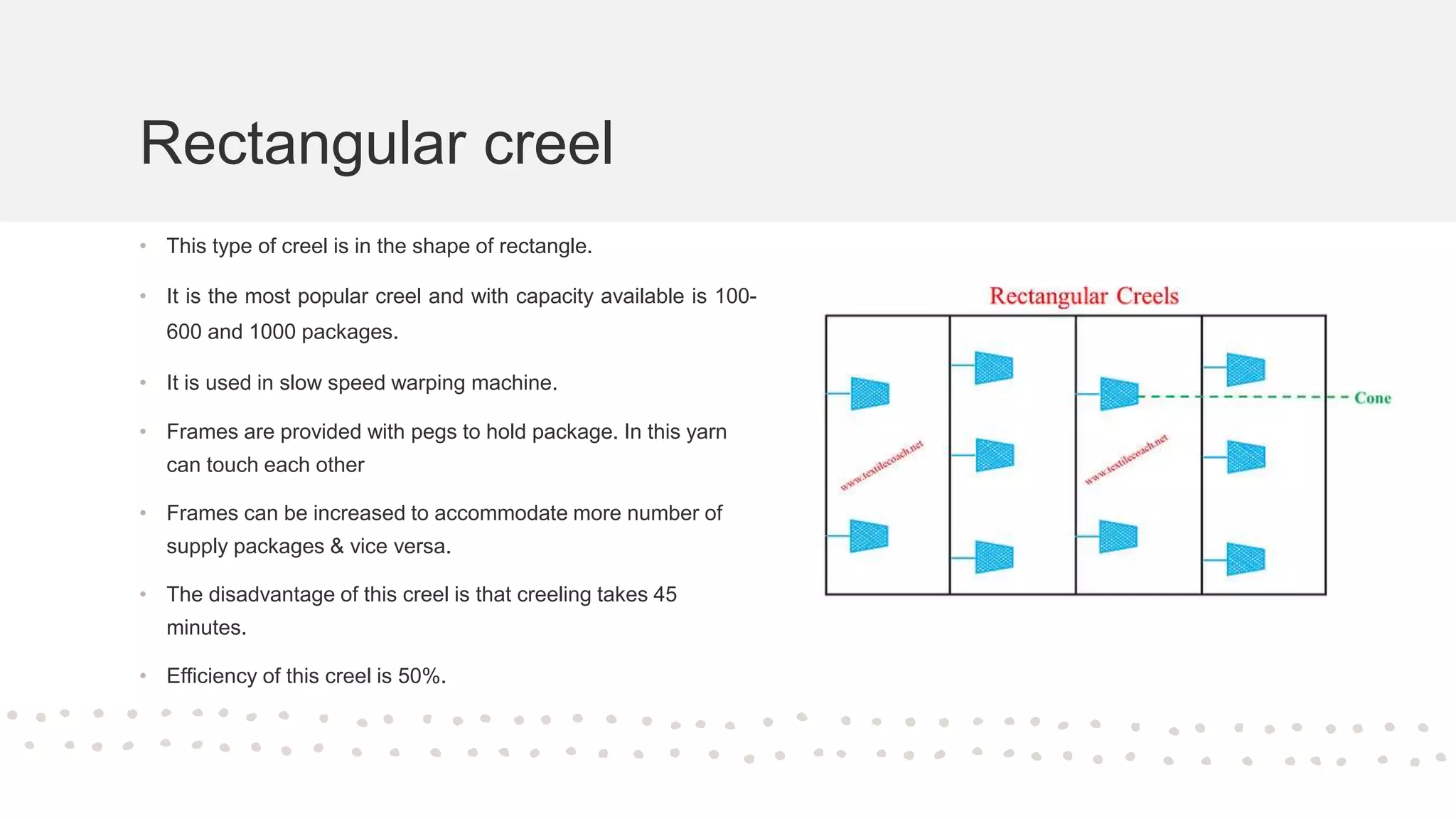 Rectangular creel
• This type of creel is in the shape of rectangle.
• It is the most popular creel and with capacity available is 100-
600 and 1000 packages.
• It is used in slow speed warping machine.
• Frames are provided with pegs to hold package. In this yarn
can touch each other
• Frames can be increased to accommodate more number of
supply packages & vice versa.
• The disadvantage of this creel is that creeling takes 45
minutes.
• Efficiency of this creel is 50%.
 
