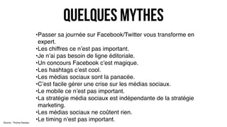 quelques mythes
•Passer sa journée sur Facebook/Twitter vous transforme en
expert.
•Les chiffres ce n’est pas important.
•Je n’ai pas besoin de ligne éditoriale.
•Un concours Facebook c’est magique.
•Les hashtags c’est cool.
•Les médias sociaux sont la panacée.
•C’est facile gérer une crise sur les médias sociaux.
•Le mobile ce n’est pas important.
•La stratégie média sociaux est indépendante de la stratégie
marketing.
•Les médias sociaux ne coûtent rien.
•Le timing n’est pas important.Source : Thoma Daneau
 