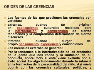 ORIGEN DE LAS CREENCIAS








Las fuentes de las que provienen las creencias son
variadas:
externas,
cuando
se
originan
en
explicaciones
culturales
recibidas
para
la interpretación y comprensión de ciertos
fenómenos y la comprensión determinada de ciertos
discursos.
internas,
cuando
surgen
del
propio pensamiento, experiencia y convicciones.
Las creencias externas se generan:
Por la tendencia a la interiorización de las creencias
de la gente que nos rodea y la imitación de su
conducta, sobre todo si ésta viene avalada por el
éxito social. Es algo fundamental durante la infancia
en la formación de la personalidad del niño. Así suele
ocurrir con las creencias culturales, políticas, y

 