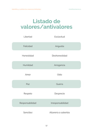 17
Identifica y cambia tus creencias limitantes mindfulscience.es
Listado de
valores/antivalores
Libertad
Felicidad
Honestidad
Humildad
Amor
Paz
Respeto
Responsabilidad
Sencillez
Esclavitud
Angustia
Deshonestidad
Arrogancia
Odio
Guerra
Desprecio
Irresponsabilidad
Altanería o soberbia
 