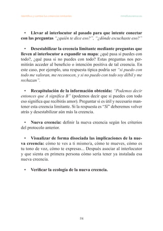 Identifica y cambia tus creencias limitantes mindfulscience.es
24
• Llevar al interlocutor al pasado para que intente conectar
con las preguntas “¿quién te dice eso?”, “¿dónde escuchaste eso?”
• Desestabilizar la creencia limitante mediante preguntas que
lleven al interlocutor a expandir su mapa: ¿qué pasa si puedes con
todo?, ¿qué pasa si no puedes con todo? Estas preguntas nos per-
mitirán acceder al beneficio o intención positiva de tal creencia. En
este caso, por ejemplo, una respuesta típica podría ser “si puedo con
todo me valoran, me reconocen, y si no puedo con todo soy débil y me
rechazan”.
• Recapitulación de la información obtenida: “Podemos decir
entonces que A significa B” (podemos decir que si puedes con todo
eso significa que recibirás amor). Preguntar si es útil y necesario man-
tener esta creencia limitante. Si la respuesta es “Sí” deberemos volver
atrás y desestabilizar aún más la creencia.
• Nueva creencia: definir la nueva creencia según los criterios
del protocolo anterior.
• Visualizar de forma disociada las implicaciones de la nue-
va creencia: cómo te ves a ti mismo/a, cómo te mueves, cómo es
tu tono de voz, cómo te expresas... Después asociar al interlocutor
y que sienta en primera persona cómo sería tener ya instalada esa
nueva creencia.
• Verificar la ecología de la nueva creencia.
 