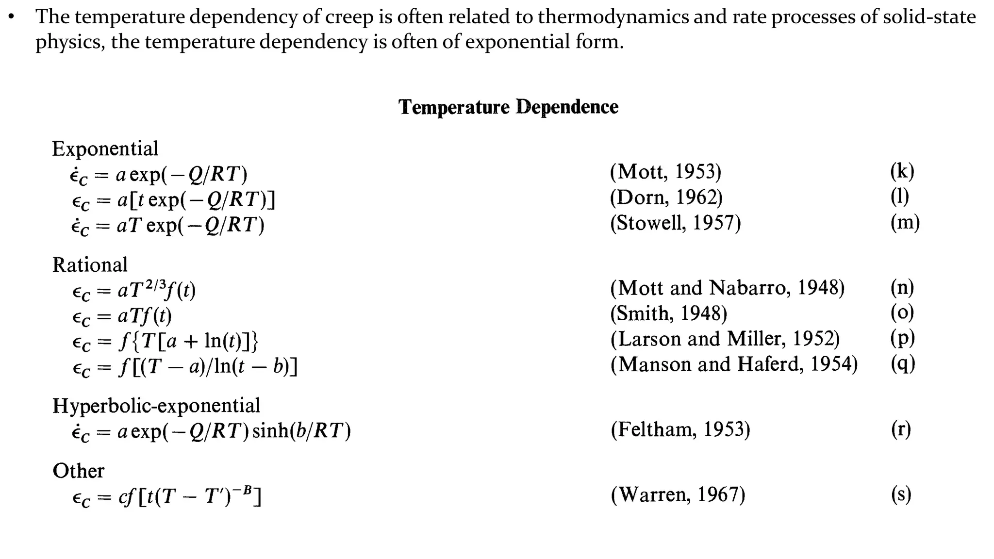 • The temperature dependency of creep is often related to thermodynamics and rate processes of solid-state
physics, the temperature dependency is often of exponential form.
 
