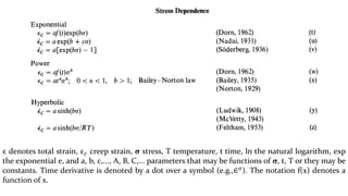 ϵ denotes total strain, ϵ 𝑐 creep strain, σ stress, T temperature, t time, ln the natural logarithm, exp
the exponential e, and a, b, c,..., A, B, C,... parameters that may be functions of σ, t, T or they may be
constants. Time derivative is denoted by a dot over a symbol (e.g.,∈ 𝑜). The notation f(x) denotes a
function of x.
 