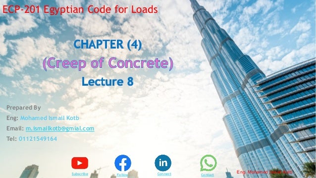 Prepared By
Eng: Mohamed Ismail Kotb
Email: m.ismailkotb@gmial.com
Tel: 01121549164
Subscribe Connect Contact
Follow
ECP-201 Egyptian Code for Loads
Eng. Mohamed Ismail Kotb
 