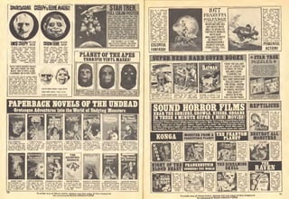 SPoOKncUUR CREEIVgEERIEMASKS!
mum".A Don Pos. „.__. _.___._..
ctslts manship Hiih quality
ilfi^CLE"" CHEEI^'t"' deluxe
MASK °2544'S14 9S
helii5hi» r . _ _
hair Qn lop ol his hand
painltd lace! Whsl a clas-
sic to have (or jrour own!
Order COUSIN EERIE OE-
LUHE MASH °Z545.'S1*95
BOTH THESE BUDGET MASKS
ARE CAST FROM THE SAME
MOLD.ONEISVINYl&ONE
IS RUBBER. BOTH ARE TOPS!
o"lltnpi and EERIE
CREEPr VINYL MUSK "aSSB/SS.SE
EERIE VINTL MASK f?K7 SS 95
EERIE RUBBER MASK -•?510 S4 95
^H^P^^^>^^^3 STAR TREK
FULL COLOR POSTER
Here comes the ulti-nale Sla> Iiek
poMer! Ken Gart, well hnonn science
iciion illustrsloi, has pulled out
the slow »n[l created s masleipiece
of Fanlaslic Ail. The E major char-
acters ol Star Trek - Captain Kick,
ConiiiiatHlerSpoc»i.'DDc' McCoj. ScDtly,
n rkh, vivid color. Behind Ihe cren
s IhSH ship, Ihe Enterprise, ten
them, in subtle hues, are memories ol
thur voMIW- 2rtZQ" fi2980/SZ M
FOR TREKKIES, SCI Fl FANS
AND POSTER FREAKS YOU MUST
HAVE KEN BflRRS STAR TREK!
PLANET OF THE APES
TERRIFIC VINTL MASKS!
illchim"^™"^k to"'.^''^b'"'
°'* "'"^ " ''"?'' "•C"""'- « !'"«
hea^^'-gJjrsH.'s'l ";ltr'"'e°'?sr7 Sl'« 95 Eead^«k*^2578%H 95
i;;jJ:^;);fTH:i^'[iVl^f^^fiJl^ii:lii^'iO:-l:M
Grotesque Adventures into the World of Undying Monsters
initROR DRACULA RETURNS HKND OF ORACULA
A Ihmouiihly lesearcli A Uessuie in sold, an Ciealures Irgm a pit A •andeiing nc<e*Dll. Ine setting n i Hoj Right where Ihe DrlBinJl It beean » a st»ci>e
ed book about varn- aimr ol lomliies, and ol unspeakable horror not carleni »ilh his pilal. wilh unearllilr DO- lefl oM! Using Ibc tech- hunfin a funeral pailc
pirei thai BCtuall. walk- moniler •grms. And crawl amongst mankind, home.crossestheocean inns-oti wilhin. I orlure nology ol modern (ci- The director! biia"
"ine earth. A shockei then Ihere'i the cuisc. sucking Itle liom out in sraicN dI nrn blood! anil liendt abound' pnt e? scientists leincai- ideas made Drac
* " "' * " "' "" ' ' leDraculai"2106'95C shudder'*.''?1M1/S].?5 i'?10<S/S1.00 "21047 5100 »?1049 Sl.OU '-^IIMS.Sl.OO
THE
VAMPIRE
WOMEN
t£ WOMEN DRACULAS BROTHERS
ISl C"a' (Sindi*h"liu° R?hu Will "kel™' o"!! '"uerto'Vhr'cTas's"' lll'hV'me.S'V.VculS" iTilmes^ntwjlVShr 'J*
'^•""""^."'^ "<"'''» culalelllielpleH asainsl
pose. "ZlOSO/SloE tranced. Ii2105l/Sl'o0 ^'2^052° Sl.Do"""^ n21087795( """ bIo7hVr"T''^'2fl3'l 95c l"e'"" '^2uli'9ii Zombies" rtzms'/w'c
COLORFUL
FANTASyi
1977
I'KAZli'FFA
ftVKliXMR
never'before has
any artist been
able to visualize
fantastic worlds
with such
brilliant claritv
as fra2etta!
unconquerable
heroes! sensual
females! all full
COLOR!!
SUPER HERO HABD COYER BOOKS
FROM THE GOLDEN
AGE OF COMICS THE
STORIES IN THESE
VOLUMES COME,
STARRING THE
GREATEST HEROES OF
ALL TIME! HANDSOME
COLLECTIONS OF
FINE WORK. AMONG
THE MOST UNIQUE
IN COMICS HISTORY!
HIGH QUALITY
BOOKS WITH BIG
FULL COLOR PAGES.
>«cSTAB TREK
PUZZLES ;+:
loin the crew ol the Enlerprite
wilh these Z gfeat advenUm illiai
ouules) Ihei're lun to MienWe
and diipln. Cotof acUon uenM Ol,
your favorite Star Trek penonaRltil
To order any of these
for con
 