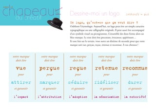 Dessine-moi un logo lettre/2 - p.2
Un logo, qu’est-ce que ça veut dire ?
Oublions l’étymologie. Aujourd’hui, un logo peut être un simple caractère
typographique ou une calligraphie originale. Il peut aussi être accompagné
d’un symbole visuel ou pictogramme. L’ensemble des deux forme alors un
bloc-marque. Le tout doit être percutant, évocateur, appétissant…
Et une fois sur le terrain, vous aurez un dixième de seconde pour que votre
marque soit vue, perçue, reçue, retenue et reconnue. À vos chronos !
chapeau
sous le
du créatif
où
idées
poussent
les
votre marque
doit être
vue
pour
attirer
et garantir
l’impact
votre marque
doit être
perçue
pour
marquer
et garantir
l’attribution
votre marque
doit être
reçue
pour
séduire
et garantir
l’adoption
votre marque
doit être
retenue
pour
fidéliser
et garantir
la mémorisation
votre marque
doit être
reconnue
pour
durer
et garantir
la notoriété
 