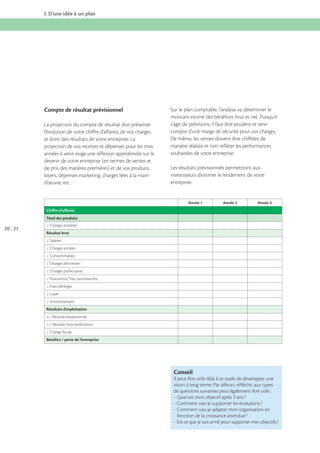 I. D’une idée à un plan

Compte de résultat prévisionnel
La projection du compte de résultat doit présenter
l’évolution de votre chiffre d’affaires, de vos charges
et donc des résultats de votre entreprise. La
projection de vos recettes et dépenses pour les trois
années à venir exige une réflexion approfondie sur le
devenir de votre entreprise (en termes de ventes et
de prix des matières premières) et de vos produits,
loyers, dépenses marketing, charges liées à la maind’œuvre, etc.

Sur le plan comptable, l’analyse va déterminer le
montant estimé des bénéfices brut et net. Puisqu’il
s’agit de prévisions, il faut être prudent et tenir
compte d’une marge de sécurité pour vos charges.
De même, les ventes doivent être chiffrées de
manière réaliste et non refléter les performances
souhaitées de votre entreprise.
Les résultats prévisionnels permettront aux
investisseurs d’estimer le rendement de votre
entreprise.

Année 1

Année 2

Année 3

Chiﬀre d’aﬀaires
Total des produits

20 21

Résultat brut

Résultats d’exploitation

Bénéﬁce / perte de l’entreprise

Conseil
Il peut être utile déjà à ce stade de développer une
vision à long terme. Par ailleurs, réﬂéchir aux types
de questions suivantes peut également être utile :
- Quel est mon objectif après 3 ans ?
- Comment vais-je supporter les évolutions ?
- Comment vais-je adapter mon organisation en
fonction de la croissance attendue ?
- Est-ce que je suis armé pour supporter mes objectifs ?

 