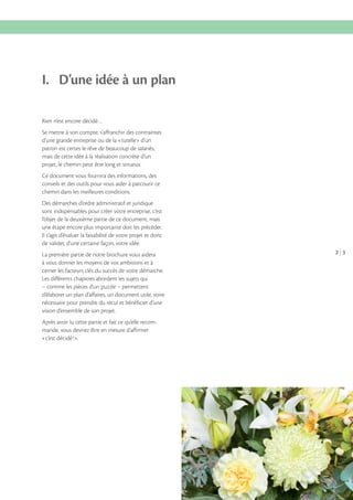 I. D’une idée à un plan
Rien n’est encore décidé…
Se mettre à son compte, s’affranchir des contraintes
d’une grande entreprise ou de la «tutelle» d’un
patron est certes le rêve de beaucoup de salariés,
mais de cette idée à la réalisation concrète d’un
projet, le chemin peut être long et sinueux.
Ce document vous fournira des informations, des
conseils et des outils pour vous aider à parcourir ce
chemin dans les meilleures conditions.
Des démarches d’ordre administratif et juridique
sont indispensables pour créer votre entreprise, c’est
l’objet de la deuxième partie de ce document, mais
une étape encore plus importante doit les précéder.
Il s’agit d’évaluer la faisabilité de votre projet et donc
de valider, d’une certaine façon, votre idée.
La première partie de notre brochure vous aidera
à vous donner les moyens de vos ambitions et à
cerner les facteurs clés du succès de votre démarche.
Les différents chapitres abordent les sujets qui
– comme les pièces d’un puzzle – permettent
d’élaborer un plan d’affaires, un document utile, voire
nécessaire pour prendre du recul et bénéficier d’une
vision d’ensemble de son projet.
Après avoir lu cette partie et fait ce qu’elle recommande, vous devriez être en mesure d’affirmer
«c’est décidé !».

2 3

 