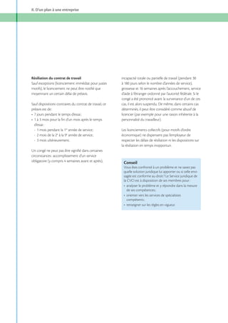 II. D’un plan à une entreprise

Résiliation du contrat de travail
Sauf exceptions (licenciement immédiat pour justes
motifs), le licenciement ne peut être notifié que
moyennant un certain délai de préavis.
Sauf dispositions contraires du contrat de travail, ce
préavis est de :

d’essai :
- 1 mois pendant la 1re
e
- 2 mois de la 2e
- 3 mois ultérieurement.

incapacité totale ou partielle de travail (pendant 30
grossesse et 16 semaines après l’accouchement, service
d’aide à l’étranger ordonné par l’autorité fédérale. Si le
congé a été prononcé avant la survenance d’un de ces
cas, il est alors suspendu. De même, dans certains cas
déterminés, il peut être considéré comme abusif de
licencier (par exemple pour une raison inhérente à la
personnalité du travailleur).
Les licenciements collectifs (pour motifs d’ordre
économique) ne dispensent pas l’employeur de
respecter les délais de résiliation ni les dispositions sur
la résiliation en temps inopportun.

Un congé ne peut pas être signifié dans certaines
circonstances : accomplissement d’un service

Conseil
Vous êtes confronté à un problème et ne savez pas
quelle solution juridique lui apporter ou si celle envisagée est conforme au droit ? Le Service juridique de
la CVCI est à disposition de ses membres pour :
analyser le problème et y répondre dans la mesure
orienter vers les services de spécialistes
renseigner sur les règles en vigueur.

 