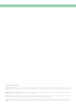 Informations juridiques importantes
Exclusion de responsabilité. Bien que nous fassions tout ce qui est raisonnablement possible pour nous informer d’une manière que nous estimons fiable, nous ne prétendons pas que toutes les
informations contenues dans le présent document sont exactes et complètes. Nous déclinons toute responsabilité pour des pertes, dommages ou préjudices directs ou indirects consécutifs à ces
informations.
Absence d’offre et de recommandation. Ce document est informatif. Il n’est ni une offre, ni une invitation, ni une recommandation pour l’achat ou la vente de produits spécifiques. Les indications
et opinions présentées dans ce document peuvent être modifiées en tout temps et sans préavis.
Restrictions de diffusion. Certaines opérations et/ou la diffusion de ce document peuvent être interdites ou sujettes à des restrictions pour des personnes dépendantes d’autres ordres juridiques
que la Suisse (par ex. Allemagne, UK, UE, US, US persons). La diffusion de ce document n’est autorisée que dans la limite de la loi applicable.
Marques et droits d’auteur. Le logo et la marque BCV et CVCI sont protégés. Ce document est soumis au droit d’auteur et ne peut être reproduit que moyennant la mention de son auteur, du
copyright et de l’intégralité des informations juridiques qu’il contient. Une utilisation de ce document à des fins publiques ou commerciales nécessite une autorisation préalable écrite de la BCV et
de la CVCI.

 