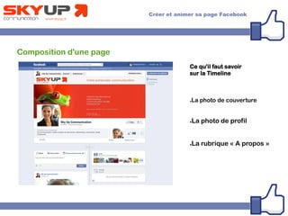 Composition d'une page
Ce qu'il faut savoir
sur la Timeline
●La photo de couverture
●La photo de profil
●La rubrique « A propos »
 