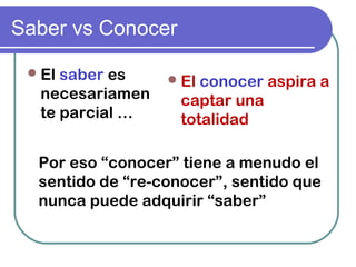 Saber vs Conocer
El saber es
necesariamen
te parcial …
El conocer aspira a
captar una
totalidad
Por eso “conocer” tiene a menudo el
sentido de “re-conocer”, sentido que
nunca puede adquirir “saber”
 