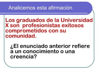 Analicemos esta afirmación
Los graduados de la Universidad
X son profesionistas exitosos
comprometidos con su
comunidad.
¿El enunciado anterior refiere
a un conocimiento o una
creencia?
 