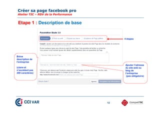 Créer sa page facebook pro
Atelier TIC – RDV de la Performance
12
Etape 1 : Description de base
4 étapes
Brève
description de
l’entreprise
(claire et
n’excédant pas
200 caractères)
Ajouter l’adresse
du site web ou
blog de
l’entreprise
(pas obligatoire)
 