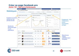 Créer sa page facebook pro
Atelier TIC – RDV de la Performance
24
Statistiques
Evolution du nombre
de fans sur une
période donnée
Nombre de
personnes ayant
vu vos
publications
Résumé pour
chaque
publication (pour
comparer)
Engagement : nbre
d’interactions
(j’aime,
commentaire,
partage)
 