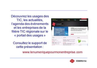 Créer sa page facebook pro
Atelier TIC – RDV de la Performance
31
Kontest  jeux concours
Youtube Channel
 Publier vos vidéos en ligne
Filesharing ou Fichier PDF
 téléchargement de fichiers pdf
Planning center online
 Proposer un planning de vos évènements
eCommerce browser ou Boosket
 Créer votre boutique en ligne
Extended info
 rajouter + d’informations sur votre
société ou votre produit
Quelques applications
Contact Form
 Afficher un formulaire de contact
 