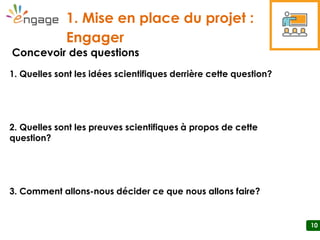 1010
SS1-2
10
Concevoir des questions
1. Quelles sont les idées scientifiques derrière cette question?
2. Quelles sont les preuves scientifiques à propos de cette
question?
3. Comment allons-nous décider ce que nous allons faire?
1. Mise en place du projet :
Engager
 