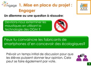 88
1. Mise en place du projet :
Engager
SS1-2
8
Un dilemme ou une question à résoudre:
Peux tu convaincre les fabricants de
smartphones d’en concevoir des écologiques?
Prévoir un temps initial de discussion pour que
les élèves puissent donner leur opinion. Cela
peut se faire également par vote.
Devrions-nous exterminer les
moustiques en utilisant la
technologie des OGM ?
 