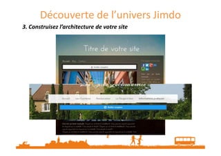 3. Construisez l’architecture de votre site3. Construisez l’architecture de votre site3. Construisez l’architecture de votre site3. Construisez l’architecture de votre site
Découverte de l’univers Jimdo
 