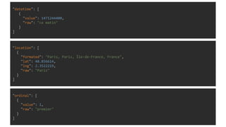 "datetime": [
{
"value": 1471244400,
"raw": "ce matin"
}
]
"location": [
{
"formated": "Paris, Paris, Île-de-France, France",
"lat": 48.856614,
"lng": 2.3522219,
"raw": "Paris"
}
]
"ordinal": [
{
"value": 1,
"raw": "premier"
}
]
 