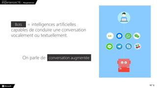 = intelligences artificielles
capables de conduire une conversation
vocalement ou textuellement.
Bots
N° 6
On parle de conversation augmentée
 
