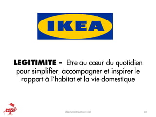 LEGITIMITE = Etre au cœur du quotidien
 pour simpliﬁer, accompagner et inspirer le
  rapport à l’habitat et la vie domestique



                 stephane@lau+ssier.net	
     10	
  
 
