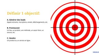 Définir 1 objectif:
A. Générer des leads
Appels entrants, inscriptions, emails, téléchargements, etc.
B. Promouvoir
Un lieu, un produit, une méthode, un savoir-faire, un
service, etc.
C. Vendre
Un produit ou un service en ligne.
 