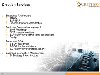 Creetion Services Enterprise Architecture TOGAF SAP EAF Process Platform Architecture Business Process Management BPM Roadmap BPM Implementations SAP NetWeaver BPM ramp-up program Cordys Enterprise SOA E-SOA Roadmap E-SOA Implementations SAP NetWeaver (Portals, BI, PI) Business Information Management BI Strategy & Architecture 