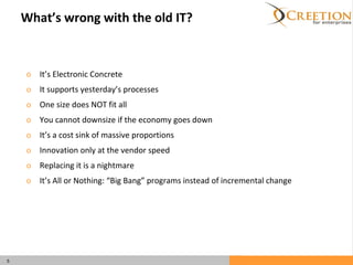 What’s wrong with the old IT? It’s Electronic Concrete It supports yesterday’s processes One size does NOT fit all You cannot downsize if the economy goes down It’s a cost sink of massive proportions Innovation only at the vendor speed Replacing it is a nightmare It’s All or Nothing: “Big Bang” programs instead of incremental change 