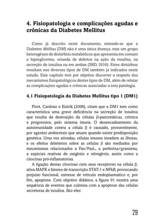 29
4. Fisiopatologia e complicações agudas e
crônicas da Diabetes Mellitus
Como já descrito neste documento, entende-se que a
Diabetes Mellitus (DM) não é uma única doença, mas um grupo
heterogêneo de distúrbios metabólicos que apresenta em comum
a hiperglicemia, oriunda de defeitos na ação da insulina, na
secreção de insulina ou em ambas (SBD, 2016). Estes distúrbios
resultam nos diversos tipos de DM também já indicados neste
estudo. Este capítulo tem por objetivo discorrer a respeito dos
mecanismos fisiopatológicos destes tipos de DM, além de relatar
as complicações agudas e crônicas associadas a esta patologia.
4.1 Fisiopatologia da Diabetes Mellitus tipo 1 (DM1)
Pirot, Cardozo e Eizirik (2008), citam que a DM1 tem como
característica uma grave deficiência na secreção de insulina
que resulta da destruição da células β-pancreáticas, crônica
e progressiva, pelo sistema imune. O desencadeamento da
autoimunidade contra a célula β é causado, provavelmente,
por agentes ambientais que atuam quando existe predisposição
genética. Uma vez ativadas, células imunes invadem as ilhotas,
e os efeitos deletérios sobre as células β são mediados por
mecanismos relacionados a Fas/FasL, a perforina/granzima,
a espécies reativas de oxigênio e nitrogênio, assim como a
citocinas pró-inflamatórias.
A ligação destas citocinas com seus receptores na célula β,
ativa MAPK e fatores de transcrição STAT-1 e NFkB, provocando
prejuízo funcional, estresse de retículo endoplasmático e, por
fim, apoptose. Com objetivo didático, a figura 01 mostra uma
sequência de eventos que culmina com a apoptose das células
secretoras de insulina. São eles:
 