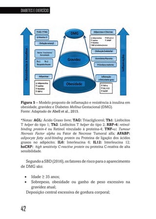 42
DIABETES E EXERCÍCIO
42424242
Figura 5 – Modelo proposto de inflamação e resistência à insulina em
obesidade, gravidez e Diabetes Mellitus Gestacional (DMG).
Fonte: Adaptado de Abell et al., 2015.
*Notas: AGL: Ácido Graxo livre; TAG: Triacilglicerol; Th1: Linfócitos
T helper do tipo 1; Th2: Linfócitos T helper do tipo 2; RBP-4: retinol-
binding protein-4 ou Retinol vinculado à proteína-4; TNF-α: Tumour
Necrosis Factor alpha ou Fator de Necrose Tumoral alfa; AFABP:
adipocyte fatty acid-binding protein ou Proteina de ligação dos ácidos
graxos no adipócito; IL6: Interleucina 6; IL12: Interleucina 12;
hsCRP: high sensitivity C-reactive protein ou proteína C-reativa de alta
sensibilidade.
Segundo a SBD (2016), os fatores de risco para o aparecimento
de DMG são:
•	 Idade ≥ 35 anos;
•	 Sobrepeso, obesidade ou ganho de peso excessivo na
gravidez atual;
Deposição central excessiva de gordura corporal;
 