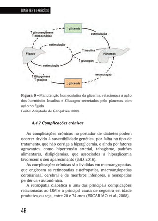 46
DIABETES E EXERCÍCIO
46464646
Figura 6 – Manutenção homeostática da glicemia, relacionada à ação
dos hormônios Insulina e Glucagon secretados pelo pâncreas com
ação no fígado
Fonte: Adaptado de Gonçalves, 2009.
4.4.2 Complicações crônicas
As complicações crônicas no portador de diabetes podem
ocorrer devido à suscetibilidade genética, por falha no tipo de
tratamento, que não corrige a hiperglicemia, e ainda por fatores
agravantes, como hipertensão arterial, tabagismo, padrões
alimentares, dislipidemias, que associados à hiperglicemia
favorecem o seu aparecimento (SBD, 2016).
As complicações crônicas são divididas em microangiopatias,
que englobam as retinopatias e nefropatias, macroangiopatias
coronariana, cerebral e de membros inferiores, e neuropatias
periférica e autonômica.
A retinopatia diabética é uma das principais complicações
relacionadas ao DM e a principal causa de cegueira em idade
produtiva, ou seja, entre 20 e 74 anos (ESCARIÃO et al., 2008).
 